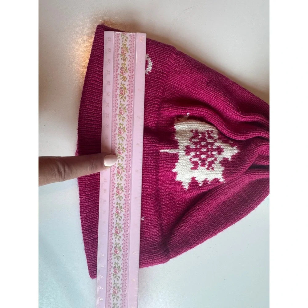 Vintage Stowe Woolens Pink 100% Wool Beanie Hat Pom Pom Stoweflake Vermont USA